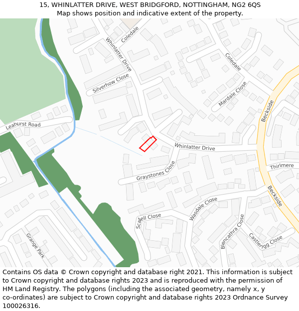 15, WHINLATTER DRIVE, WEST BRIDGFORD, NOTTINGHAM, NG2 6QS: Location map and indicative extent of plot