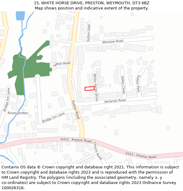 15, WHITE HORSE DRIVE, PRESTON, WEYMOUTH, DT3 6BZ: Location map and indicative extent of plot