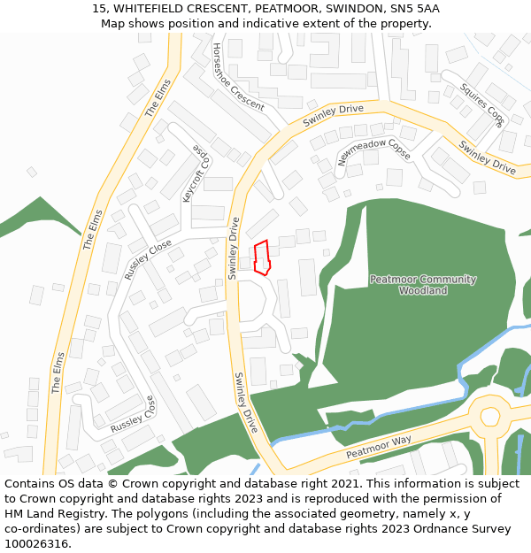 15, WHITEFIELD CRESCENT, PEATMOOR, SWINDON, SN5 5AA: Location map and indicative extent of plot
