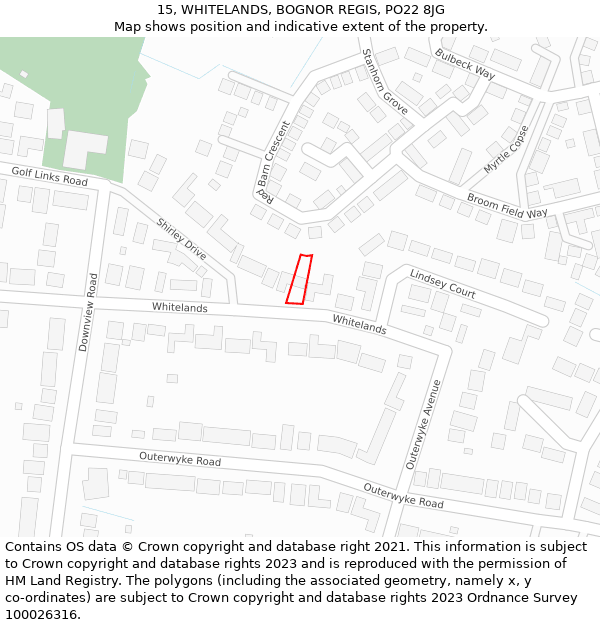 15, WHITELANDS, BOGNOR REGIS, PO22 8JG: Location map and indicative extent of plot