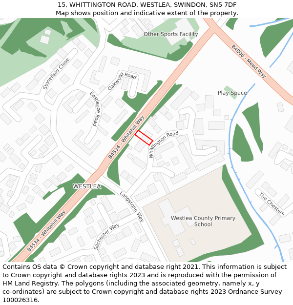 15, WHITTINGTON ROAD, WESTLEA, SWINDON, SN5 7DF: Location map and indicative extent of plot