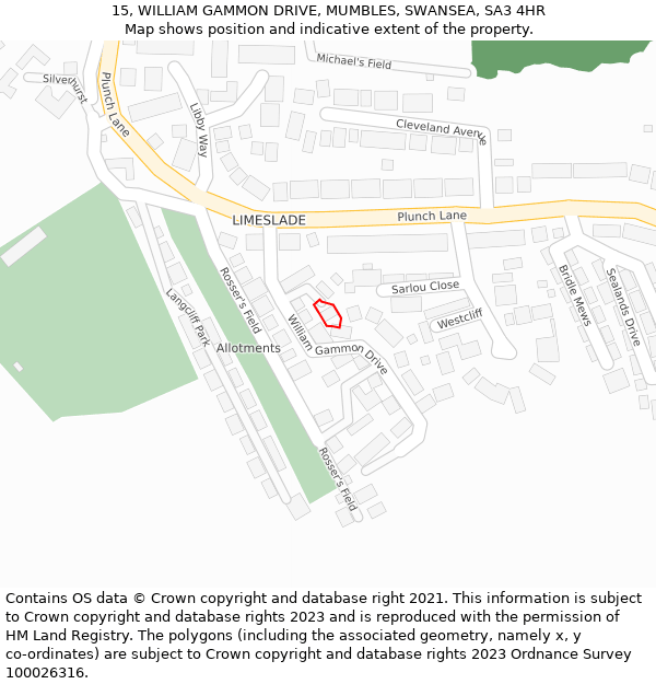 15, WILLIAM GAMMON DRIVE, MUMBLES, SWANSEA, SA3 4HR: Location map and indicative extent of plot