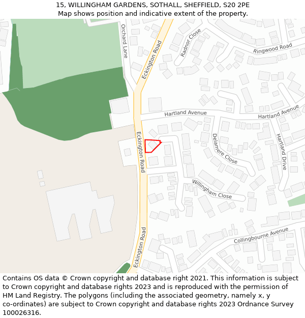 15, WILLINGHAM GARDENS, SOTHALL, SHEFFIELD, S20 2PE: Location map and indicative extent of plot