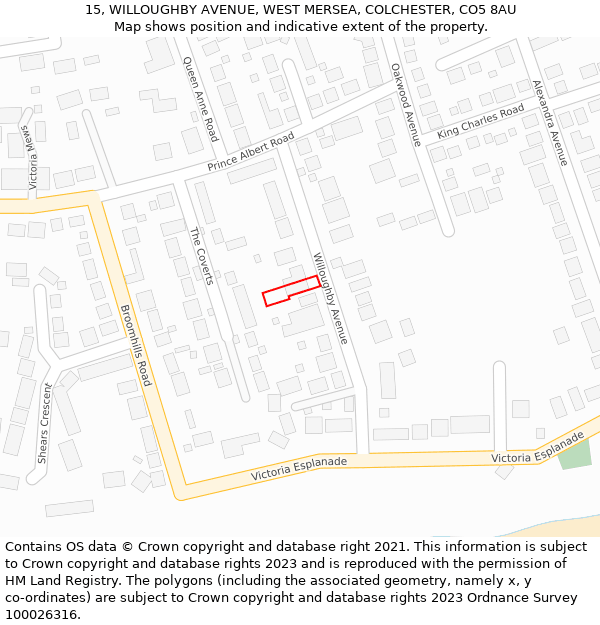 15, WILLOUGHBY AVENUE, WEST MERSEA, COLCHESTER, CO5 8AU: Location map and indicative extent of plot