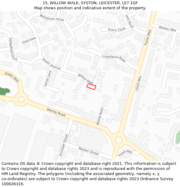 15, WILLOW WALK, SYSTON, LEICESTER, LE7 1GF: Location map and indicative extent of plot