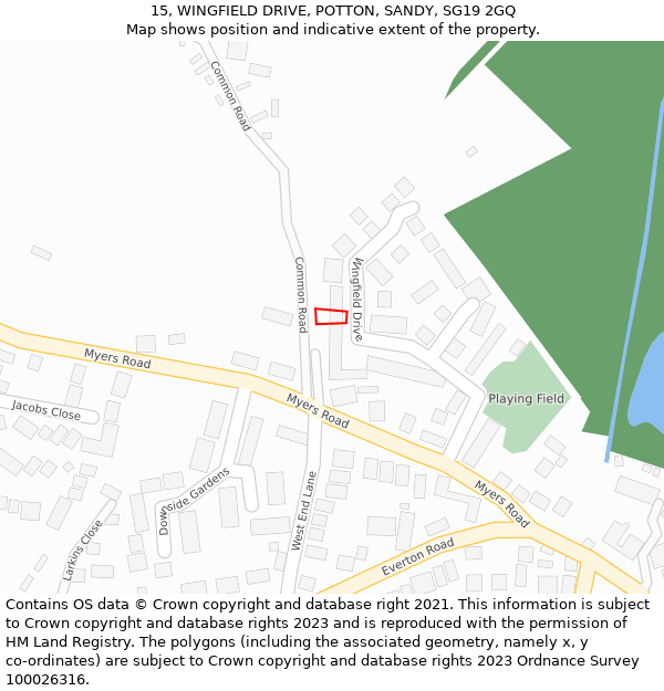 15, WINGFIELD DRIVE, POTTON, SANDY, SG19 2GQ: Location map and indicative extent of plot