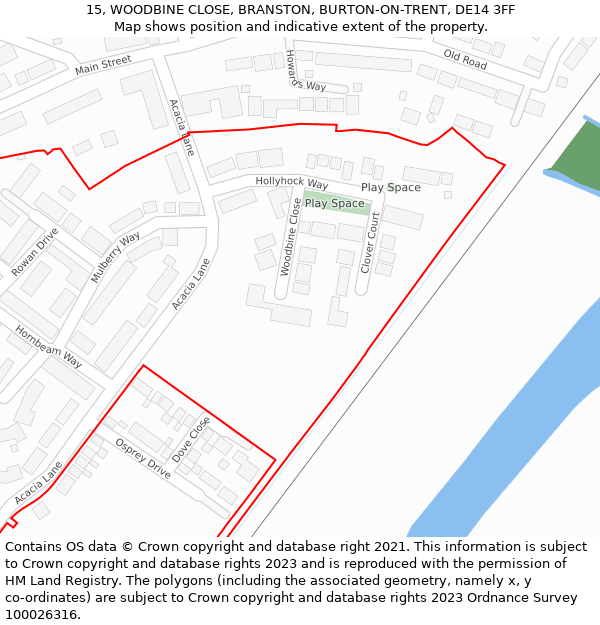 15, WOODBINE CLOSE, BRANSTON, BURTON-ON-TRENT, DE14 3FF: Location map and indicative extent of plot