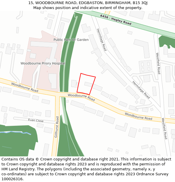 15, WOODBOURNE ROAD, EDGBASTON, BIRMINGHAM, B15 3QJ: Location map and indicative extent of plot