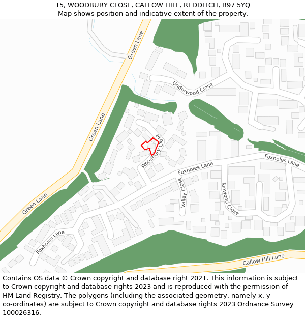 15, WOODBURY CLOSE, CALLOW HILL, REDDITCH, B97 5YQ: Location map and indicative extent of plot