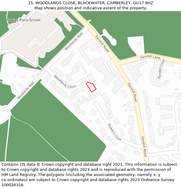 15, WOODLANDS CLOSE, BLACKWATER, CAMBERLEY, GU17 9HZ: Location map and indicative extent of plot