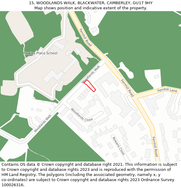 15, WOODLANDS WALK, BLACKWATER, CAMBERLEY, GU17 9HY: Location map and indicative extent of plot