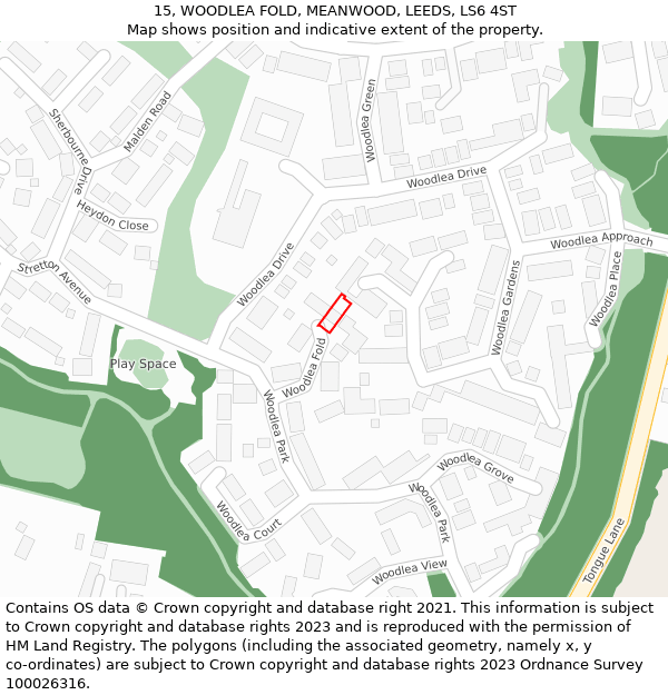 15, WOODLEA FOLD, MEANWOOD, LEEDS, LS6 4ST: Location map and indicative extent of plot