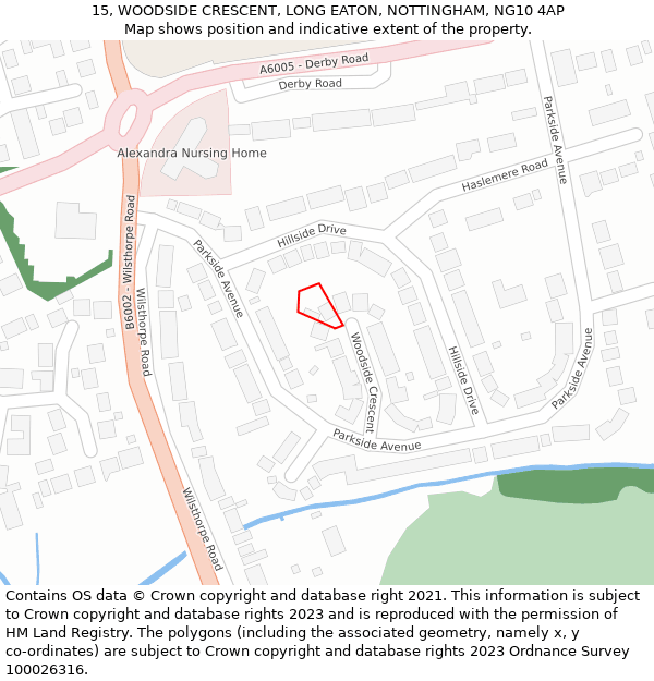 15, WOODSIDE CRESCENT, LONG EATON, NOTTINGHAM, NG10 4AP: Location map and indicative extent of plot