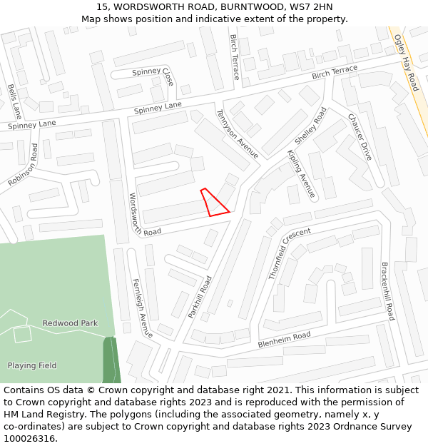 15, WORDSWORTH ROAD, BURNTWOOD, WS7 2HN: Location map and indicative extent of plot