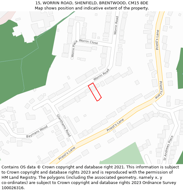 15, WORRIN ROAD, SHENFIELD, BRENTWOOD, CM15 8DE: Location map and indicative extent of plot