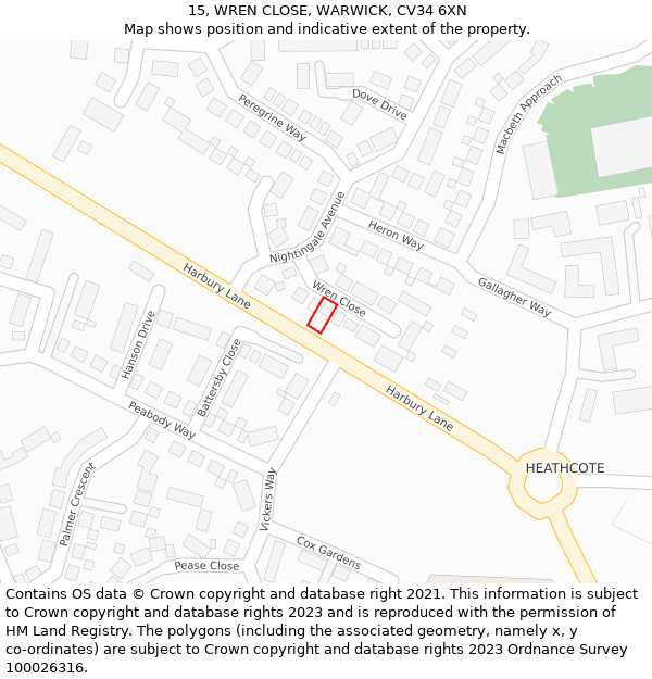 15, WREN CLOSE, WARWICK, CV34 6XN: Location map and indicative extent of plot