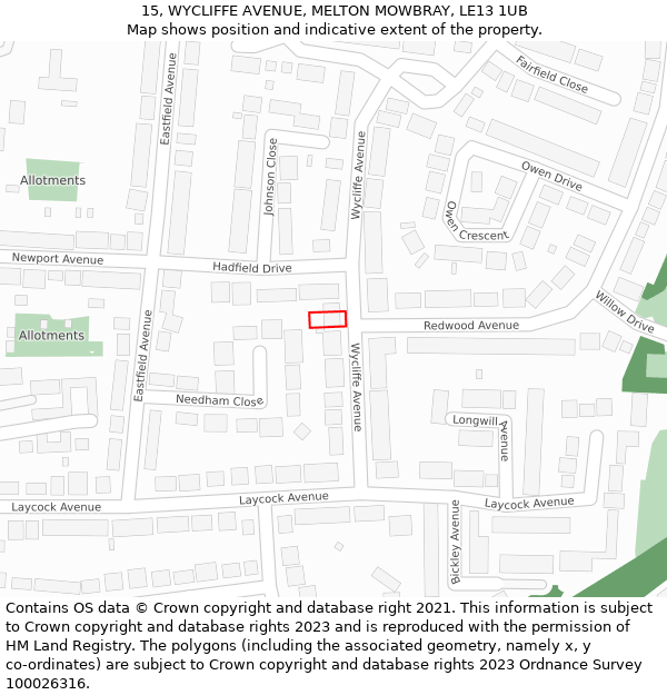 15, WYCLIFFE AVENUE, MELTON MOWBRAY, LE13 1UB: Location map and indicative extent of plot