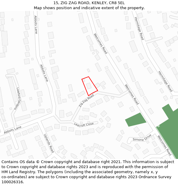 15, ZIG ZAG ROAD, KENLEY, CR8 5EL: Location map and indicative extent of plot