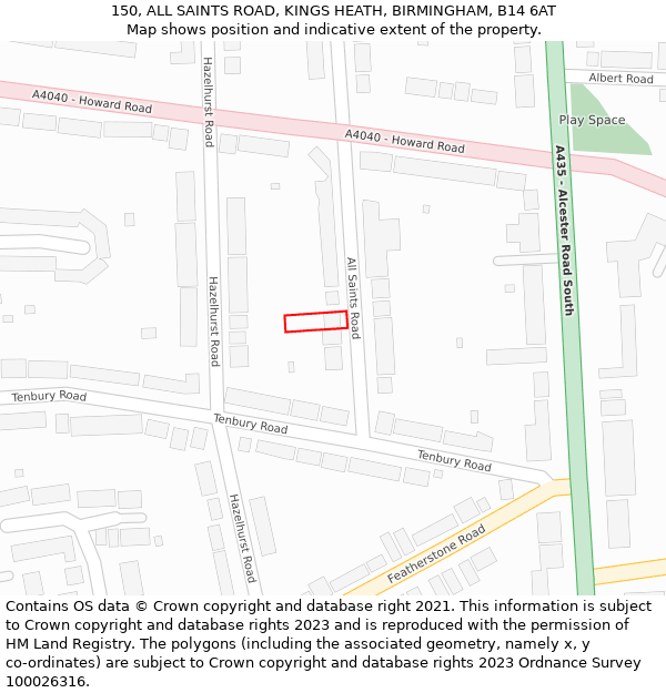 150, ALL SAINTS ROAD, KINGS HEATH, BIRMINGHAM, B14 6AT: Location map and indicative extent of plot