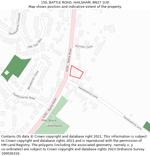 150, BATTLE ROAD, HAILSHAM, BN27 1UD: Location map and indicative extent of plot