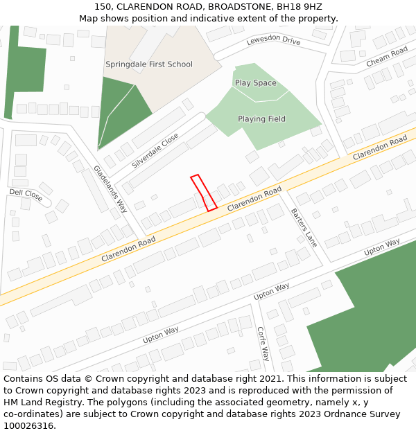 150, CLARENDON ROAD, BROADSTONE, BH18 9HZ: Location map and indicative extent of plot