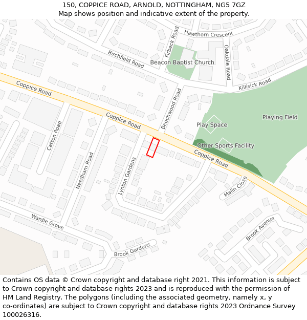 150, COPPICE ROAD, ARNOLD, NOTTINGHAM, NG5 7GZ: Location map and indicative extent of plot