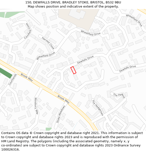 150, DEWFALLS DRIVE, BRADLEY STOKE, BRISTOL, BS32 9BU: Location map and indicative extent of plot