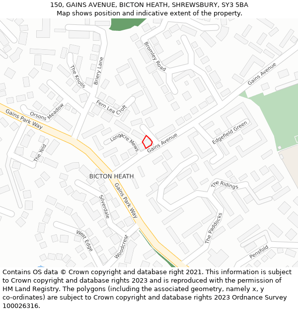 150, GAINS AVENUE, BICTON HEATH, SHREWSBURY, SY3 5BA: Location map and indicative extent of plot