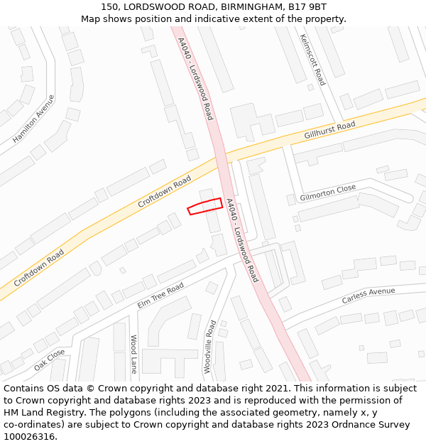 150, LORDSWOOD ROAD, BIRMINGHAM, B17 9BT: Location map and indicative extent of plot