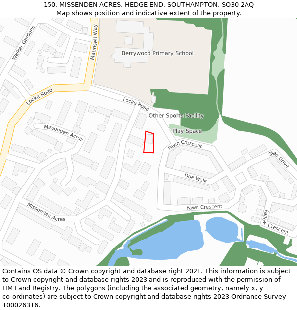 150, MISSENDEN ACRES, HEDGE END, SOUTHAMPTON, SO30 2AQ: Location map and indicative extent of plot