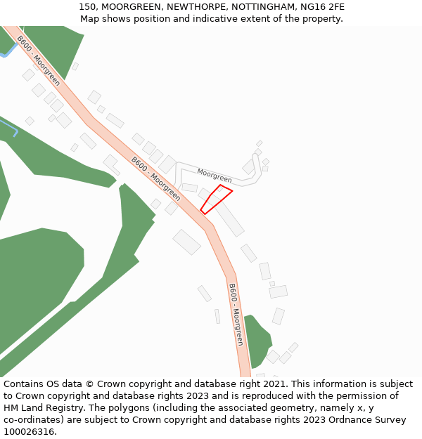 150, MOORGREEN, NEWTHORPE, NOTTINGHAM, NG16 2FE: Location map and indicative extent of plot