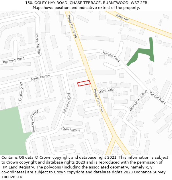 150, OGLEY HAY ROAD, CHASE TERRACE, BURNTWOOD, WS7 2EB: Location map and indicative extent of plot