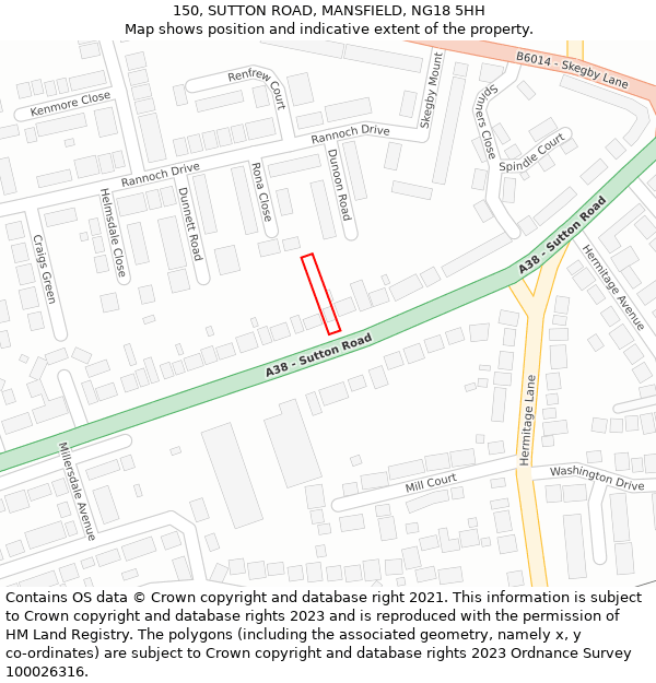 150, SUTTON ROAD, MANSFIELD, NG18 5HH: Location map and indicative extent of plot