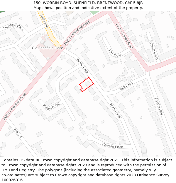 150, WORRIN ROAD, SHENFIELD, BRENTWOOD, CM15 8JR: Location map and indicative extent of plot