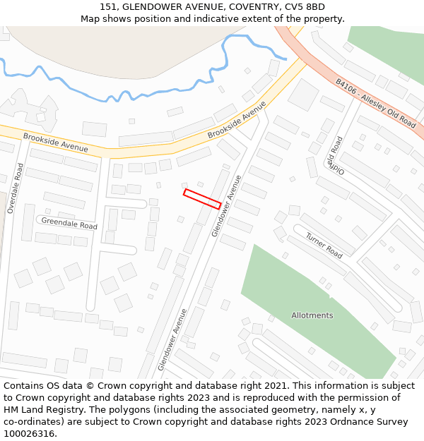 151, GLENDOWER AVENUE, COVENTRY, CV5 8BD: Location map and indicative extent of plot