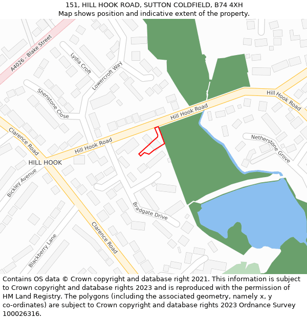 151, HILL HOOK ROAD, SUTTON COLDFIELD, B74 4XH: Location map and indicative extent of plot