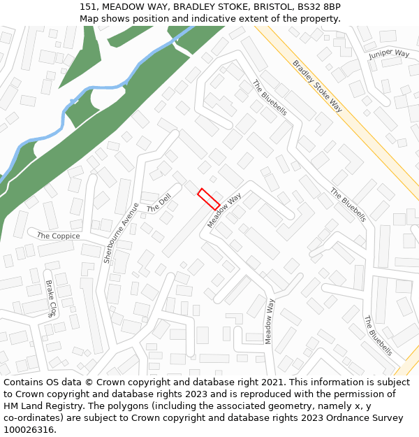 151, MEADOW WAY, BRADLEY STOKE, BRISTOL, BS32 8BP: Location map and indicative extent of plot