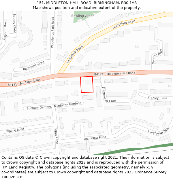 151, MIDDLETON HALL ROAD, BIRMINGHAM, B30 1AS: Location map and indicative extent of plot