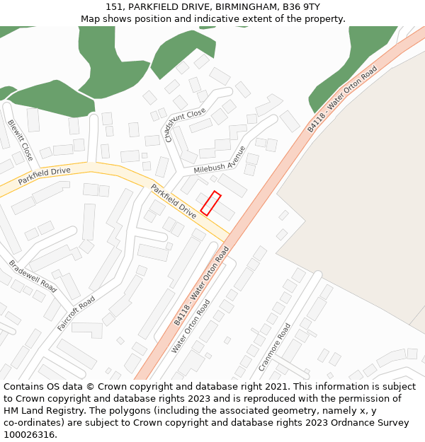 151, PARKFIELD DRIVE, BIRMINGHAM, B36 9TY: Location map and indicative extent of plot