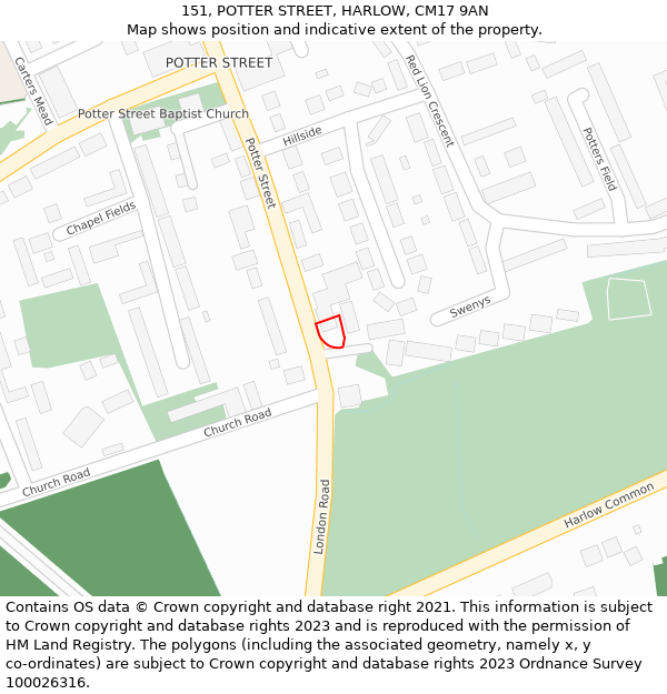 151, POTTER STREET, HARLOW, CM17 9AN: Location map and indicative extent of plot