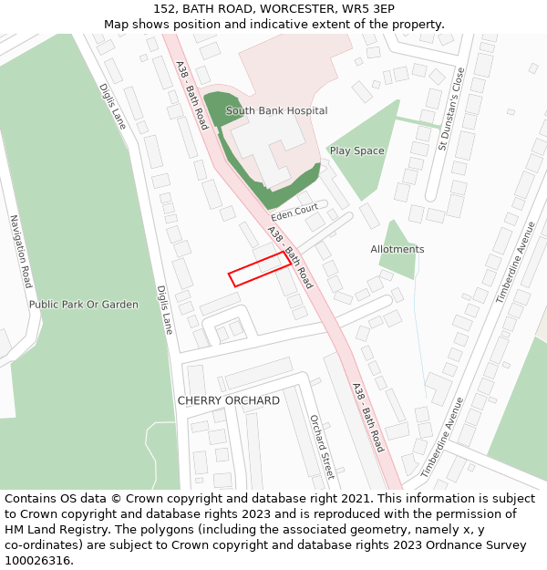 152, BATH ROAD, WORCESTER, WR5 3EP: Location map and indicative extent of plot
