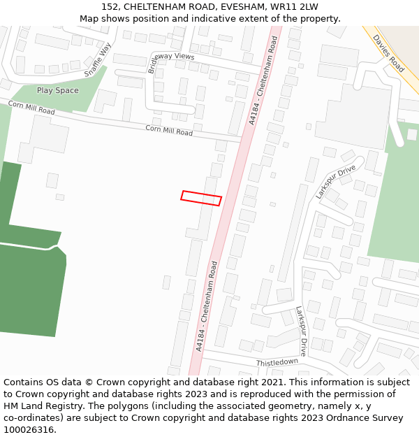 152, CHELTENHAM ROAD, EVESHAM, WR11 2LW: Location map and indicative extent of plot