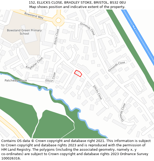 152, ELLICKS CLOSE, BRADLEY STOKE, BRISTOL, BS32 0EU: Location map and indicative extent of plot