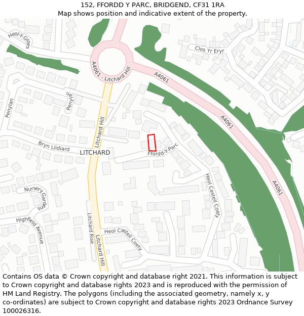 152, FFORDD Y PARC, BRIDGEND, CF31 1RA: Location map and indicative extent of plot