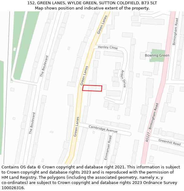 152, GREEN LANES, WYLDE GREEN, SUTTON COLDFIELD, B73 5LT: Location map and indicative extent of plot