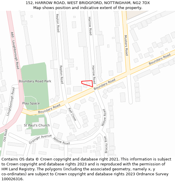 152, HARROW ROAD, WEST BRIDGFORD, NOTTINGHAM, NG2 7DX: Location map and indicative extent of plot