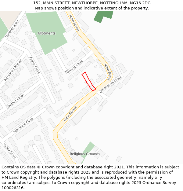 152, MAIN STREET, NEWTHORPE, NOTTINGHAM, NG16 2DG: Location map and indicative extent of plot