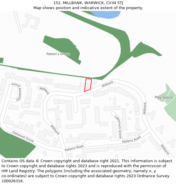 152, MILLBANK, WARWICK, CV34 5TJ: Location map and indicative extent of plot