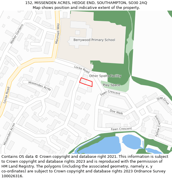 152, MISSENDEN ACRES, HEDGE END, SOUTHAMPTON, SO30 2AQ: Location map and indicative extent of plot