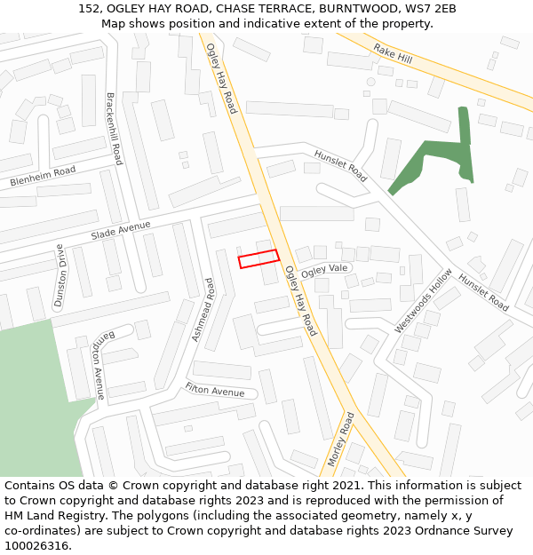 152, OGLEY HAY ROAD, CHASE TERRACE, BURNTWOOD, WS7 2EB: Location map and indicative extent of plot